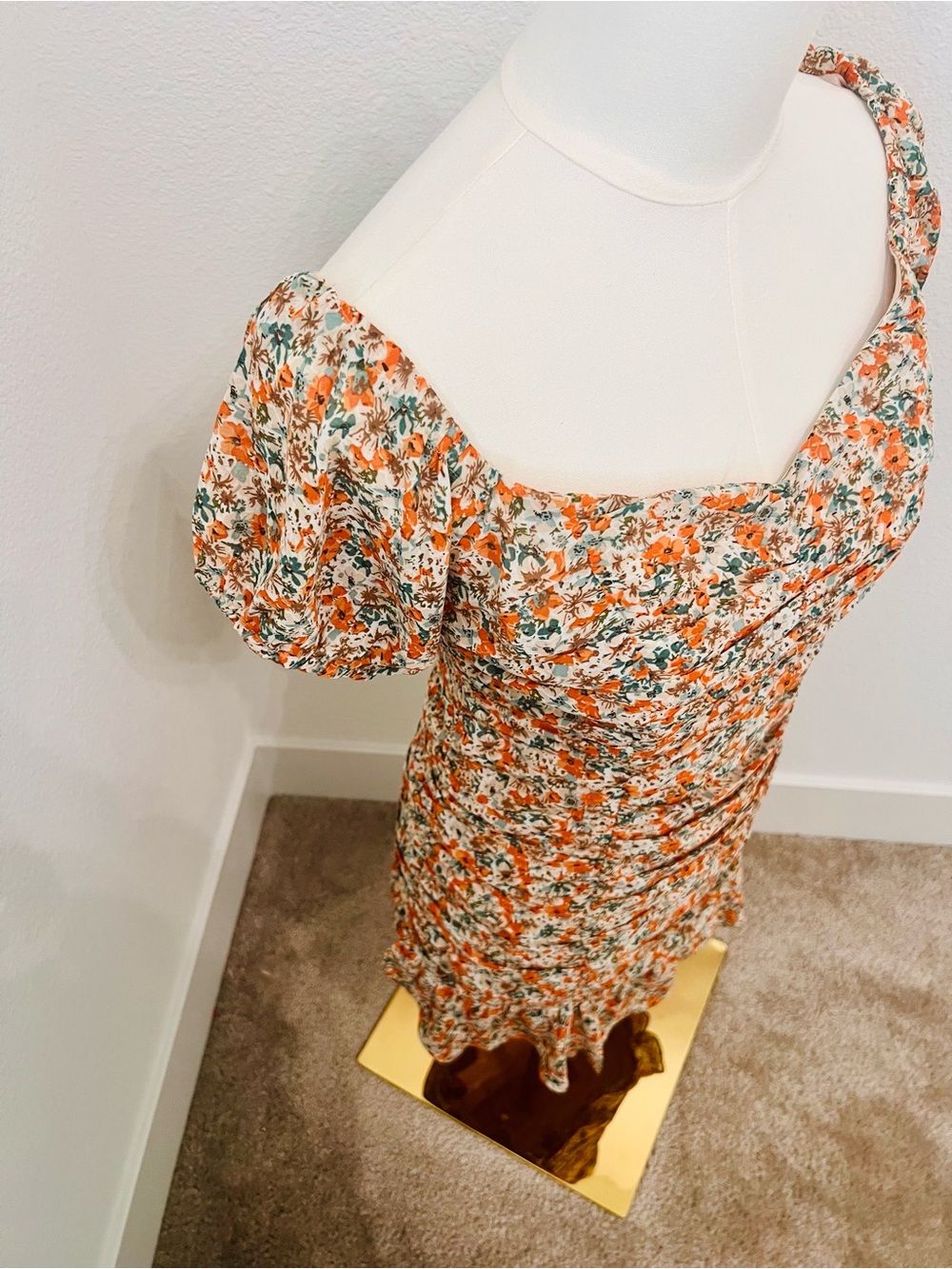 Astr Orange Floral Ruched Puff-Sleeve Mini Dress Cottagecore M - Picture 5 of 10